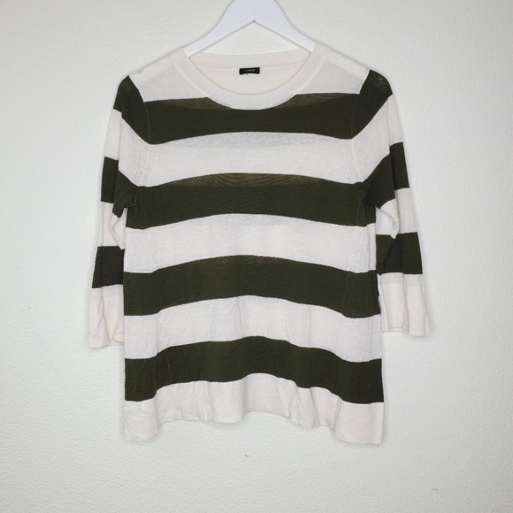 J. Crew Green Beige Striped 3/4 Sleeve Blouse